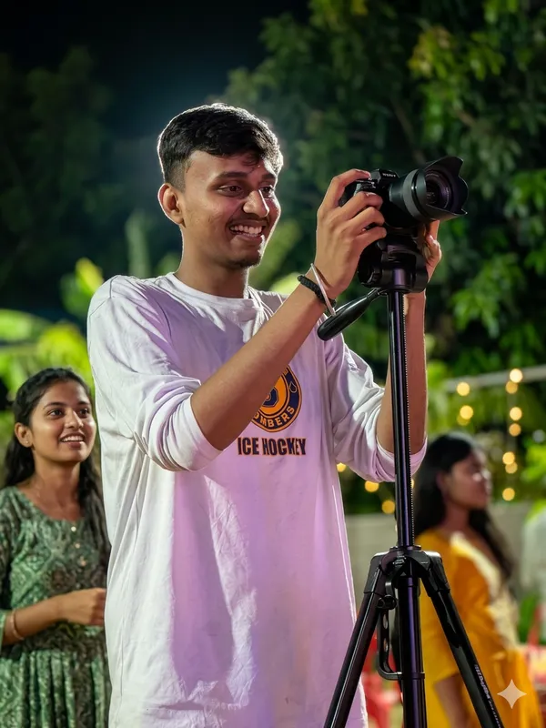 Anshul adjusting a camera at an outdoor evening event