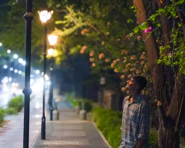 Anshul standing beside a softly lit garden path at night